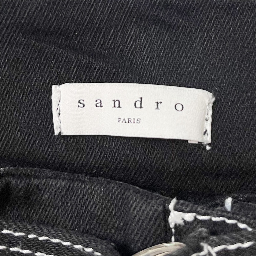 Sandro Paris Black Denim Mini Skirt 1 Small Belted Pockets A-Line Minimalist - Picture 6 of 10